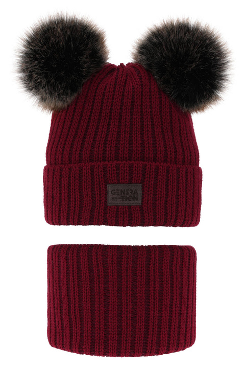 Czapka i komin dla chłopca zimowy komplet, czerwony, z dwoma pomponami Tokio