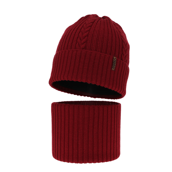 Czapka i komin dla chłopca zimowy komplet, bordowy, 100% wełniany merino Wilson