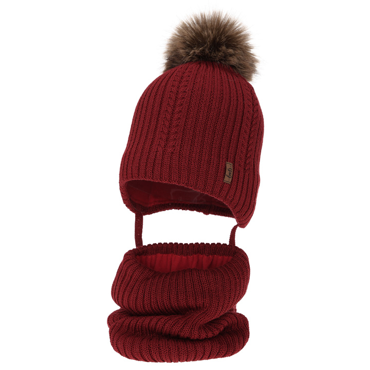 Czapka i komin dla chłopca zimowy komplet, bordowy, z wełną merino, wiązany Zongo
