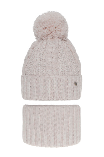 Czapka i komin dla dziewczynki zimowy komplet, jasnoróżowy, z pomponem Maroko