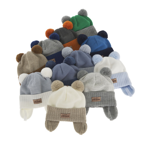 Czapka jesienna, wiosenna dla chłopca, błękitna, z dwoma pomponami, wiązana, Gigant