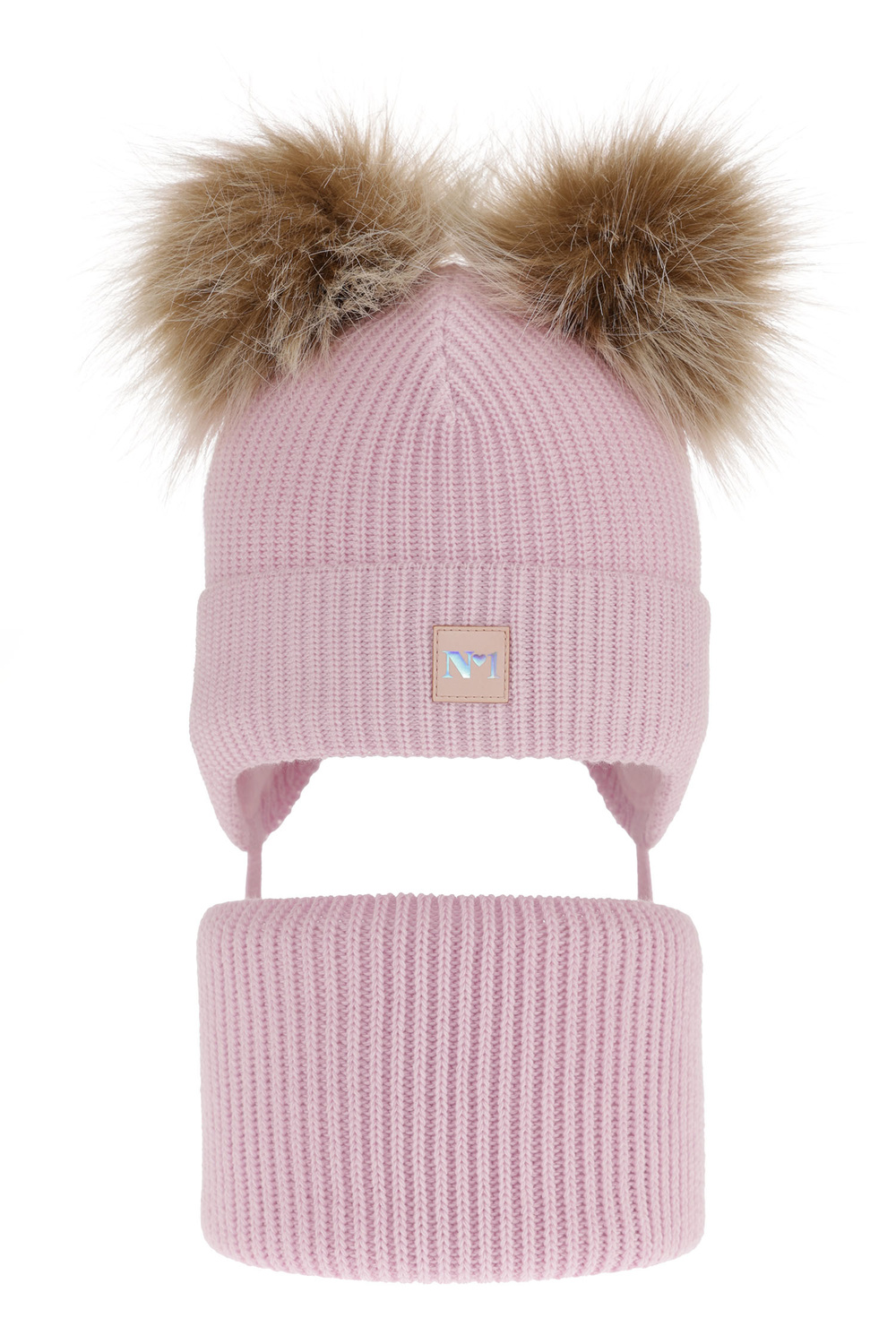 Czapka i komin dla dziewczynki zimowy komplet, liliowy, z dwoma pomponami, wiązany Kiara