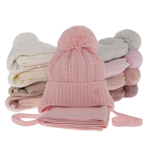 Czapka i szalik dla dziewczynki zimowy komplet, biały, z pomponem, wiązany Marisa