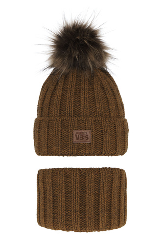 Czapka i komin dla chłopca zimowy komplet, musztardowy, z pomponem Remes