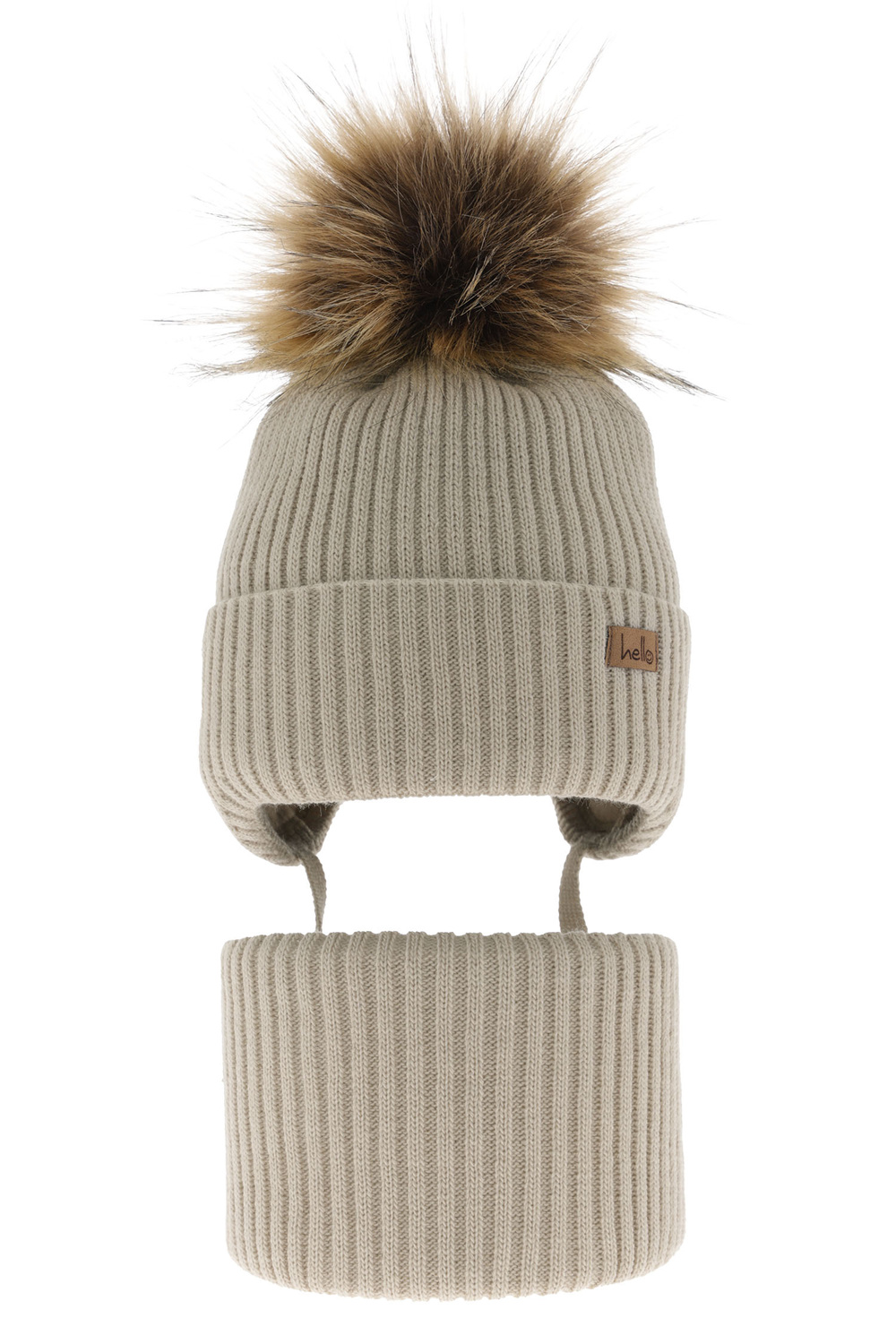 Czapka i komin dla chłopca zimowy komplet, beżowy, z pomponem Bergo