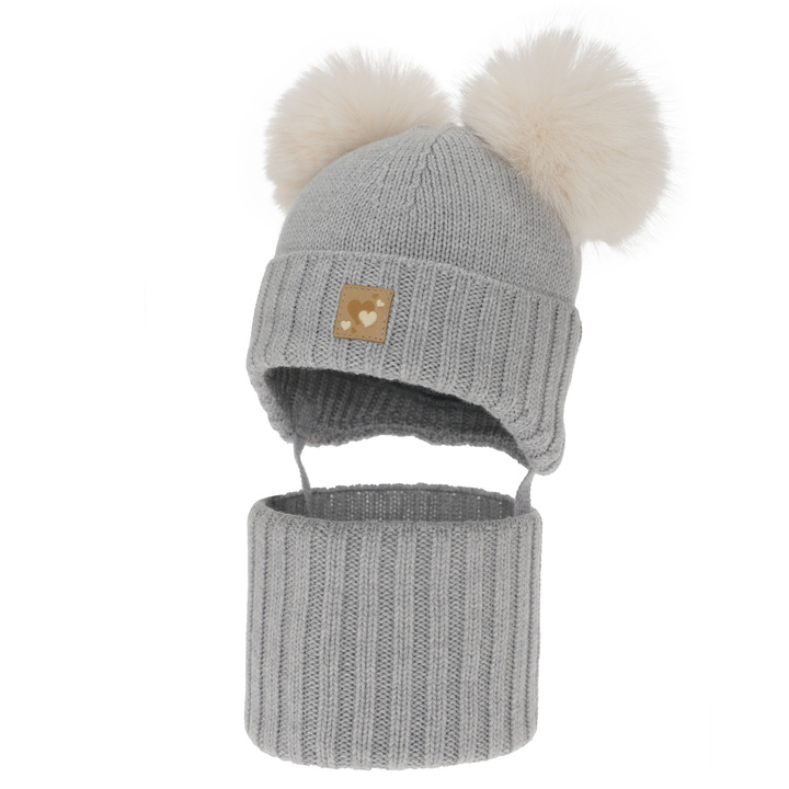 Czapka i komin dla dziewczynki, zimowy komplet, szary, 100% wełniany merino, podszyty polarem wełnianym, Ronia