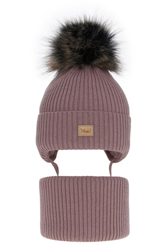 Czapka i komin dla dziewczynki zimowy komplet, wrzosowy, z pomponem, wiązany Dilajla