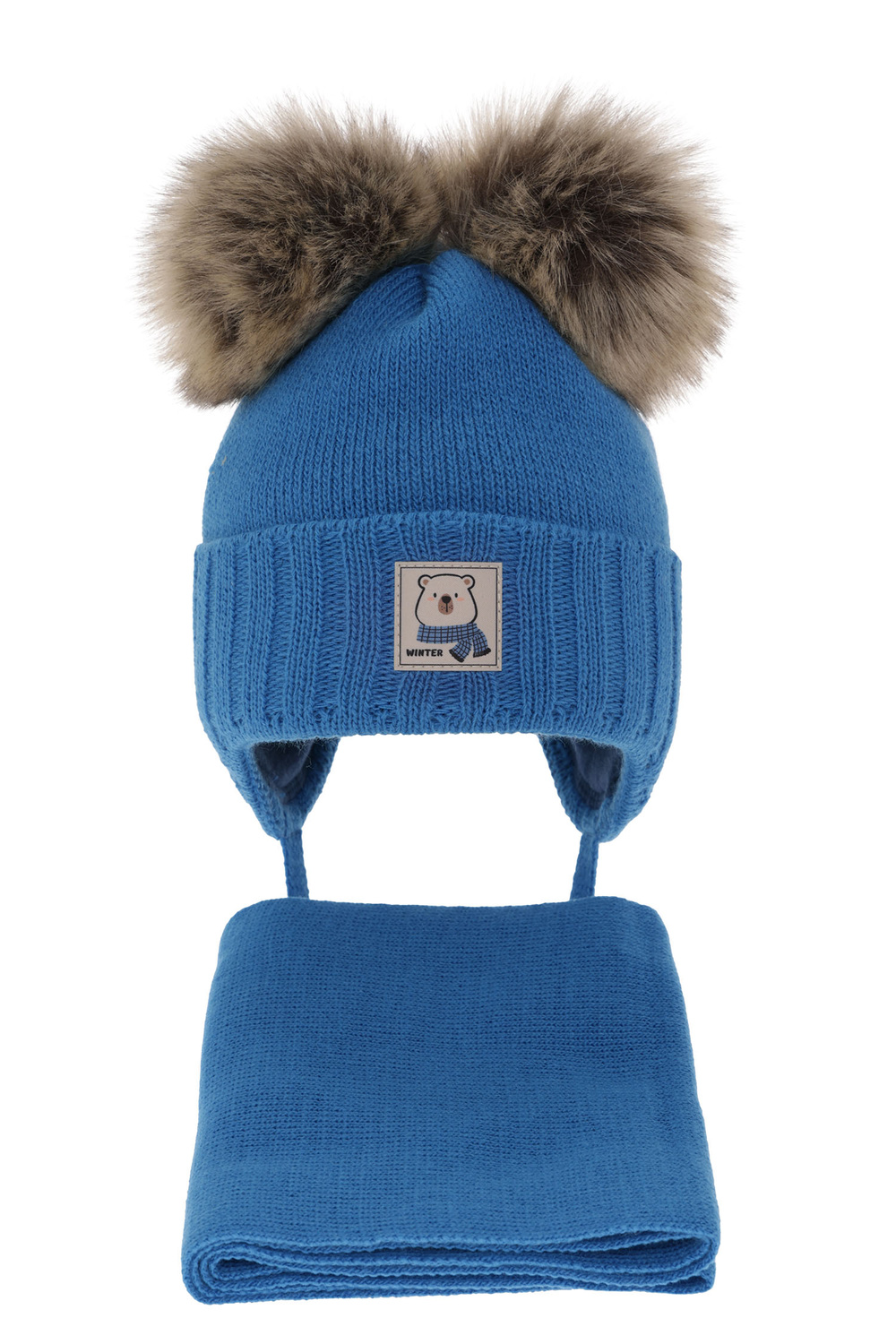 Czapka i szalik dla chłopca zimowy komplet, niebieski, z dwoma pomponami, wiązany Jewel