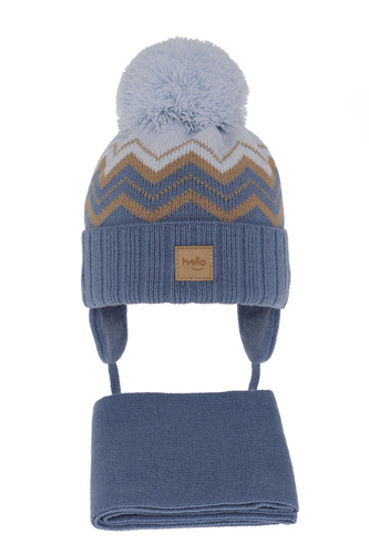 Czapka i szalik dla chłopca zimowy komplet, niebieski, wiązany, z pomponem Marcus