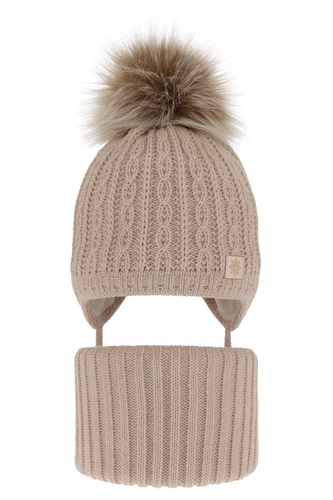Czapka i komin dla dziewczynki zimowy komplet, beżowy, z pomponem Passa