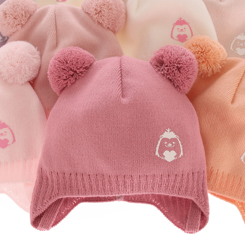 Czapka jesienna, wiosenna dla dziewczynki, żółta, z dwoma pomponami, wiązana Bunia