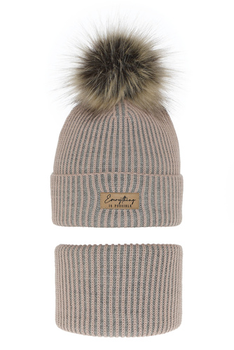 Czapka i komin dla dziewczynki zimowy komplet, różowy, z pomponem Floryda