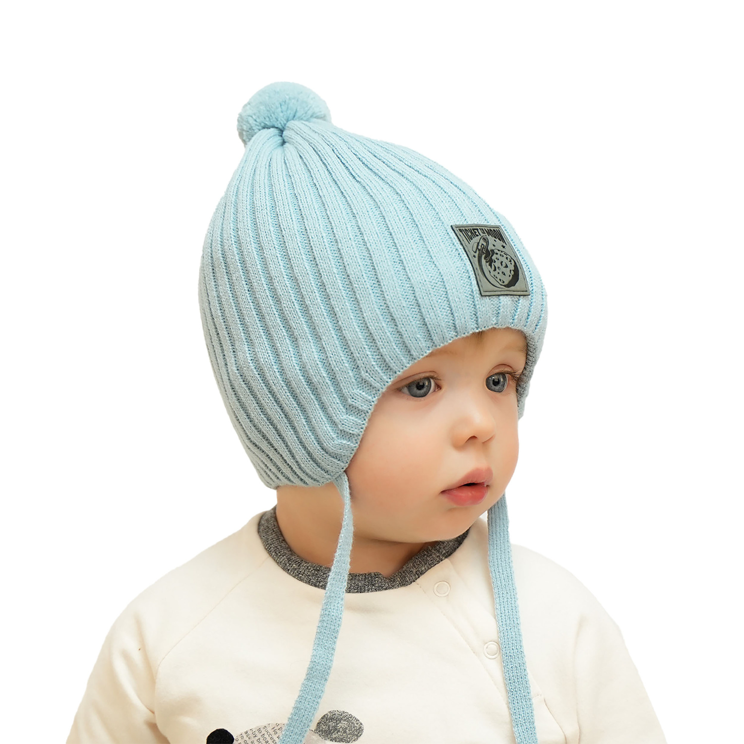 Czapka jesienna, wiosenna dla chłopca, niebieska, wiązana, z pomponem Cyspin