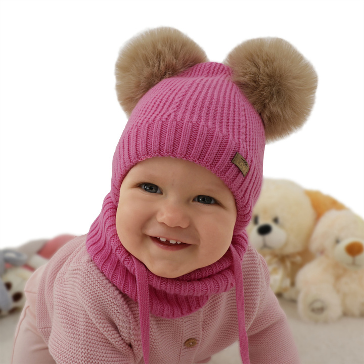 Czapka i komin dla dziewczynki, zimowy komplet, różowy, 100% wełniany merino, podszyty polarem wełnianym, Lumia