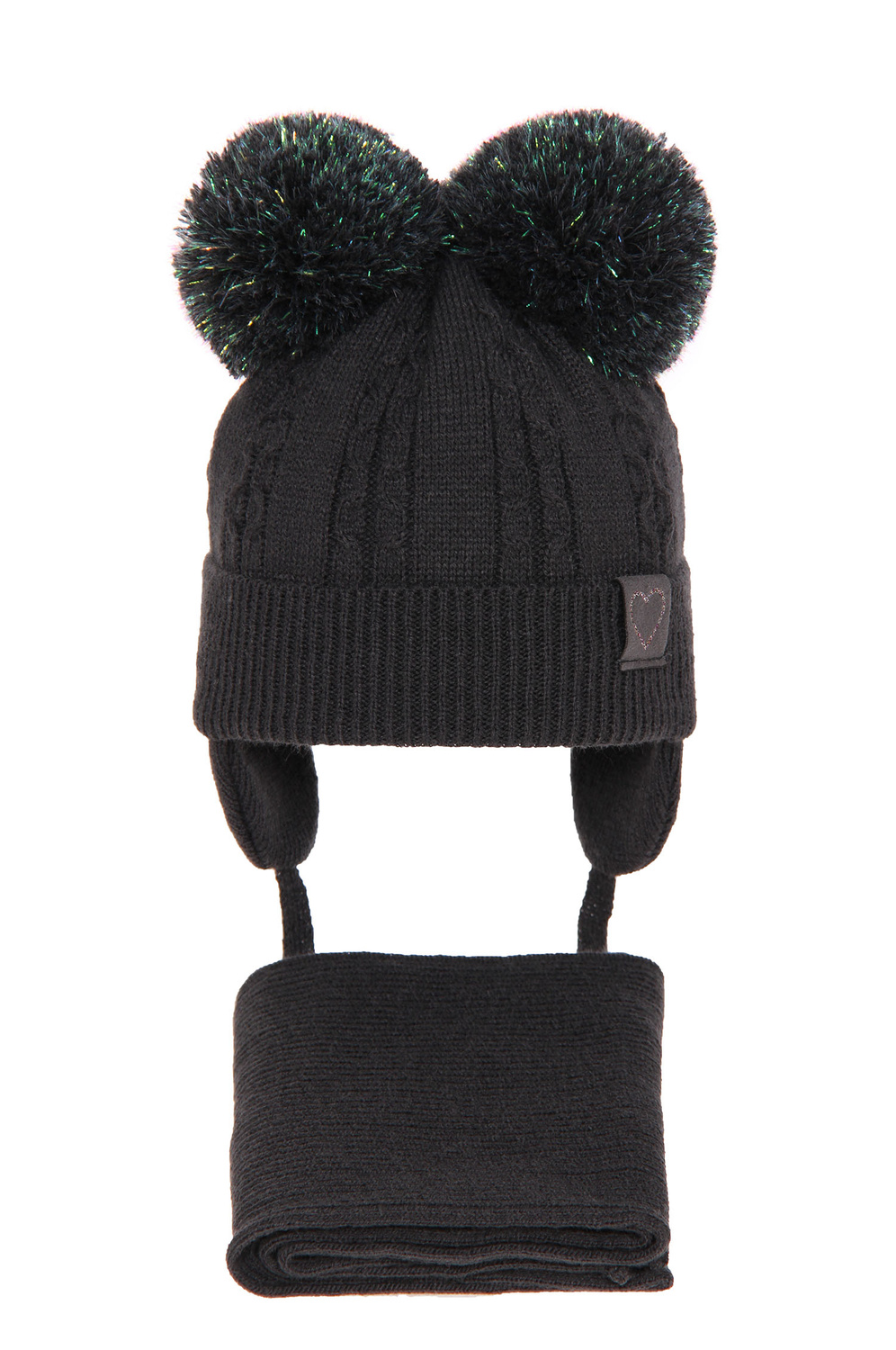 Czapka i szalik dla dziewczynki zimowy komplet, ciemnoszary, z dwoma pomponami Rozi