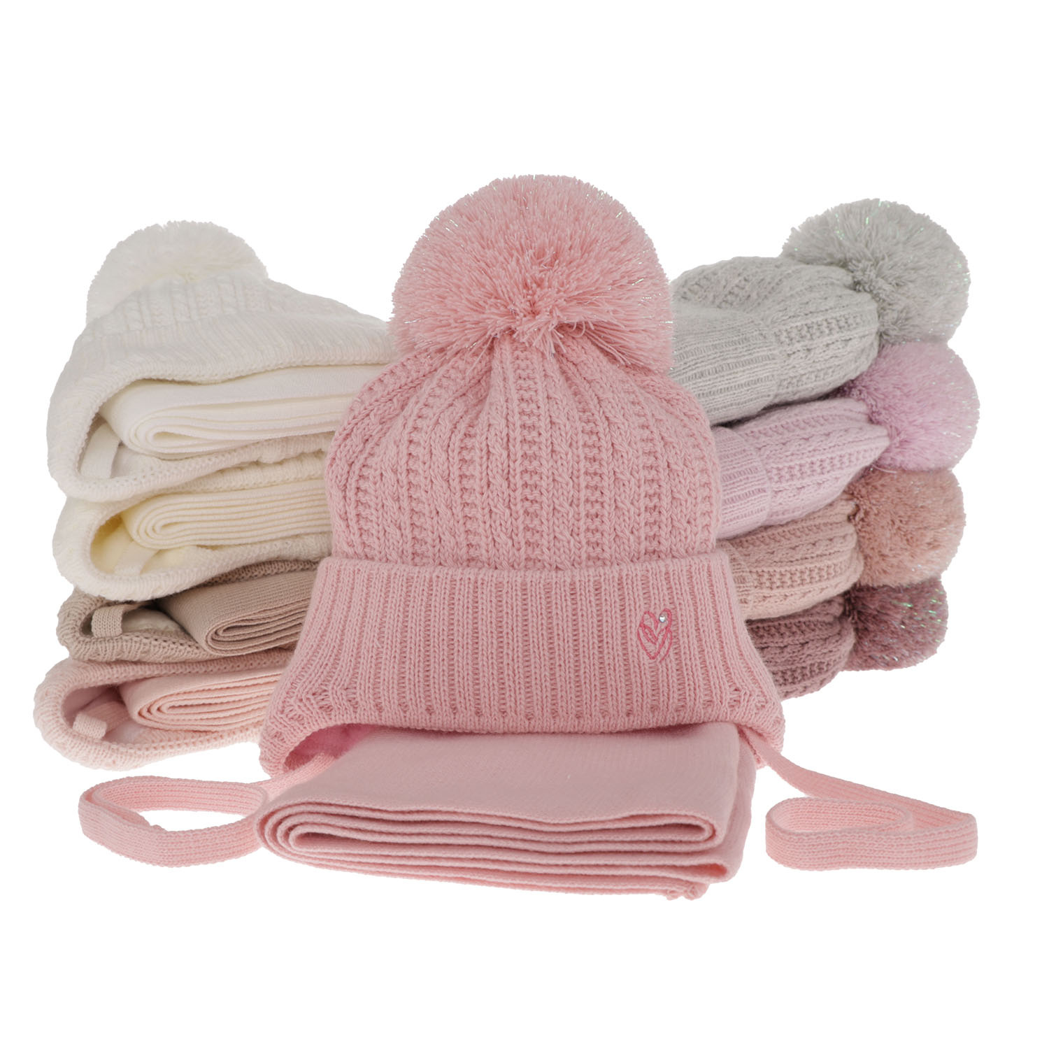 Czapka i szalik dla dziewczynki zimowy komplet, biały, z pomponem, wiązany Marisa