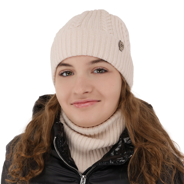 Czapka i komin dla dziewczynki zimowy komplet, jasnoróżowy, 100% wełniany merino Jenny