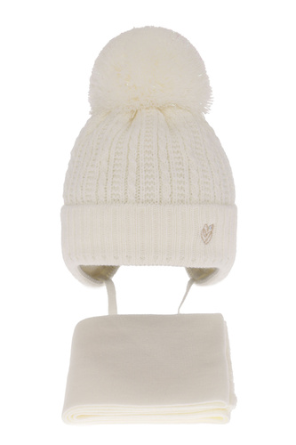 Czapka i szalik dla dziewczynki zimowy komplet, kremowy, wiązany, z pomponem Marisa