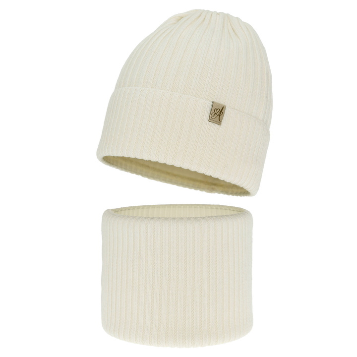Czapka i komin dla dziewczynki, zimowy komplet, kremowy, 100% wełniany merino, Patricia