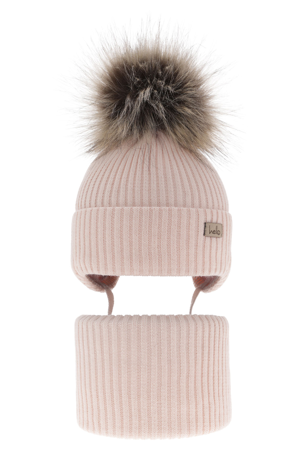 Czapka i komin dla dziewczynki zimowy komplet, jasnoróżowy, z pomponem, wiązany Bria