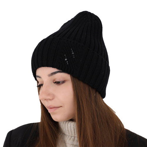Czapka zimowa damska, czarna, 100% wełniana merino Ariga