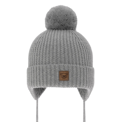 Czapka zimowa dla chłopca, szara, 100% wełniana merino, podszyta wełnianym polarem, wiązana Tacco