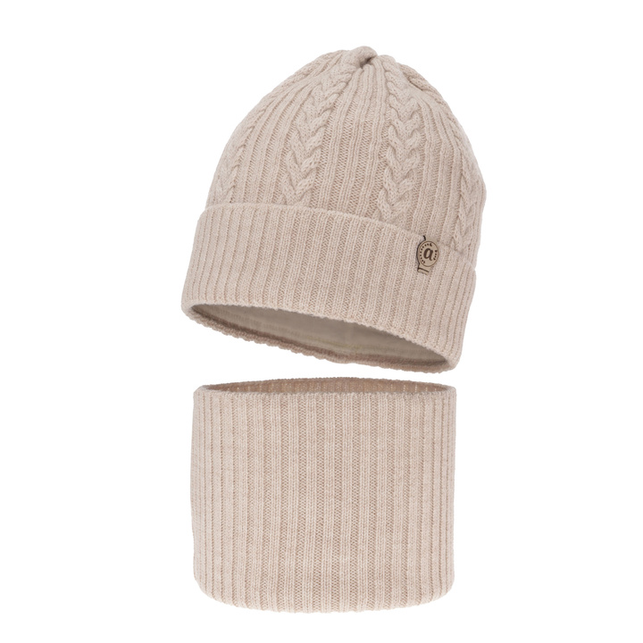 Czapka i komin dla dziewczynki zimowy komplet, beżowy, 100% wełniany merino Jenny