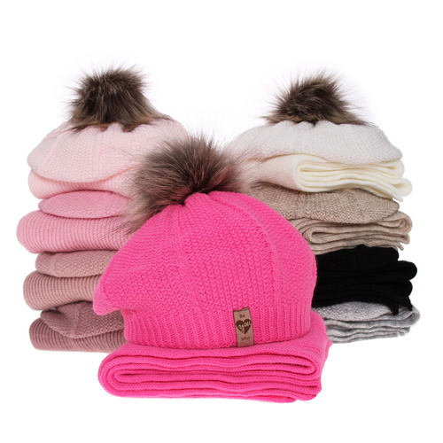 Beret i szalik dla dziewczynki zimowy komplet, różowy, z pomponem Elif
