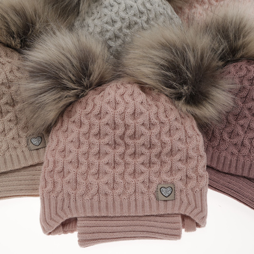 Czapka i komin dla dziewczynki zimowy komplet, beżowy, z dwoma pomponami, wiązany Poliana