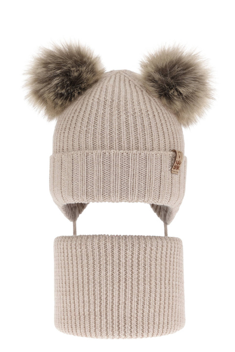Czapka i komin dla chłopca zimowy komplet, beżowy, 100% wełniany merino, wiązany Konor