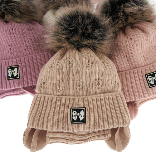 Czapka i komin dla dziewczynki zimowy komplet, różowy, z pomponem Kinia