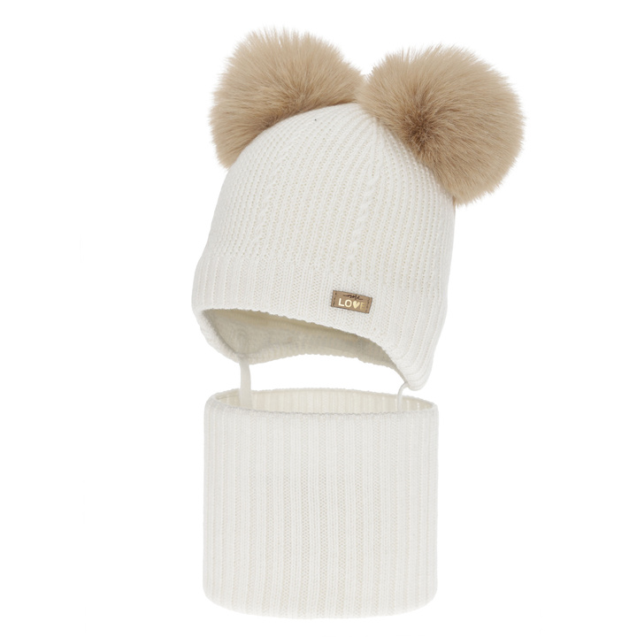 Czapka i komin dla dziewczynki, zimowy komplet, biały, 100% wełniany merino, podszyty polarem wełnianym, Lumia