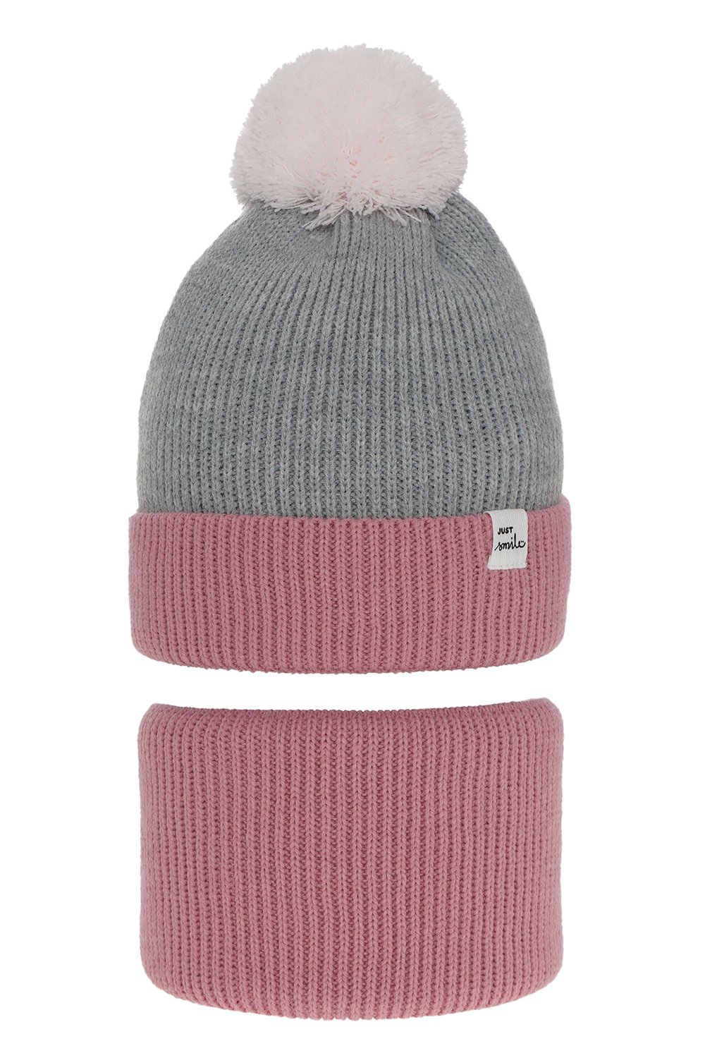 Czapka i komin dla dziewczynki zimowy komplet, różowy, z pomponem Rosalin