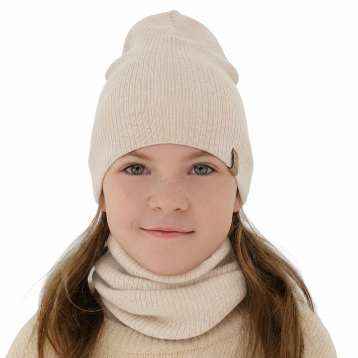 Czapka i komin dla dziewczynki jesienny, wiosenny komplet, jasnoróżowy, 100% wełniany merino Ricona