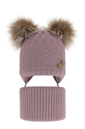 Czapka i komin dla dziewczynki zimowy komplet, wrzosowy, z dwoma pomponami Bettina