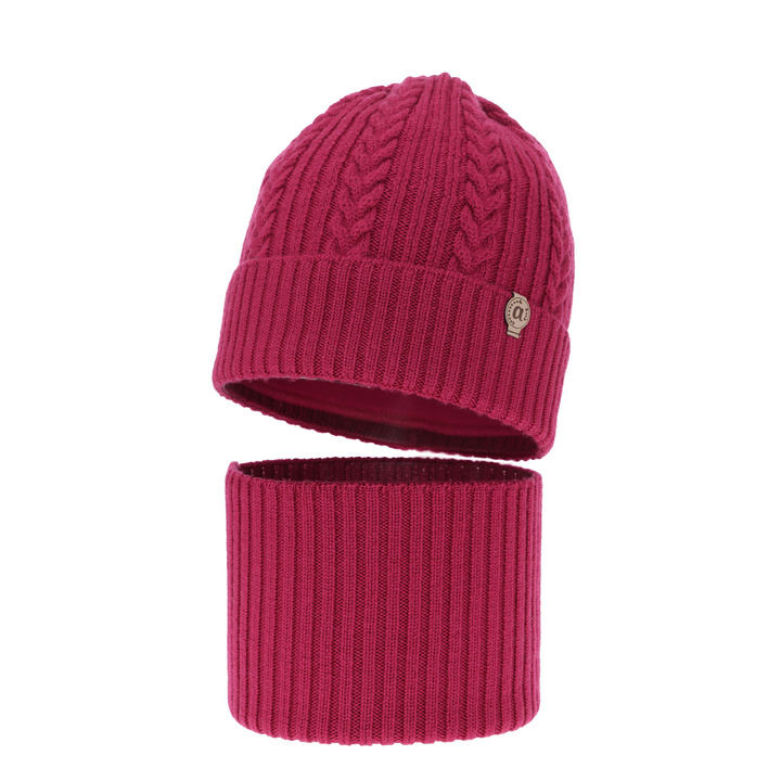 Czapka i komin dla dziewczynki zimowy komplet, amarantowy, 100% wełniany merino Jenny