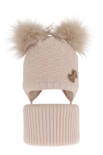 Czapka i komin dla dziewczynki zimowy komplet, różowy, z dwoma pomponami, wiązany Bettina