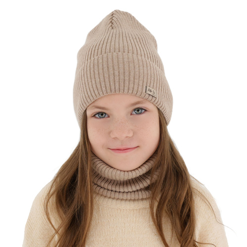 Czapka i komin dla dziewczynki jesienny, wiosenny komplet, czarny, 100% wełniana merino Itra