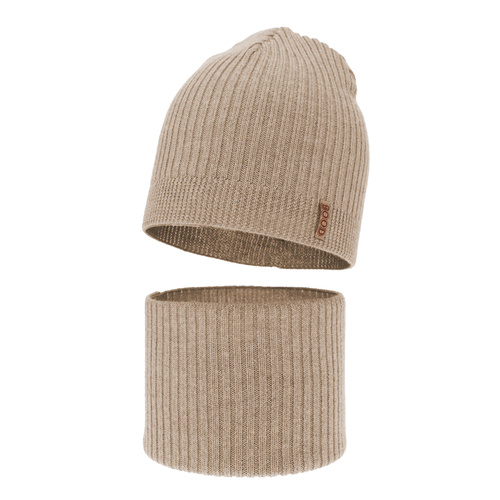Czapka i komin dla chłopca jesienny, wiosenny komplet, beżowy, 100% wełniany merino Chester