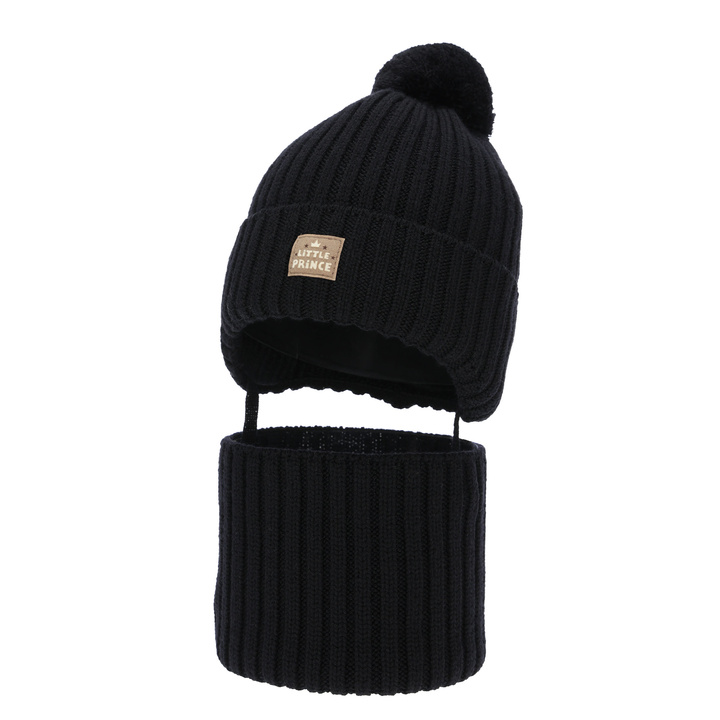 Czapka i komin dla chłopca zimowy komplet, czarny, 100% wełniany merino, podszyty bawełną, wiązany Masil