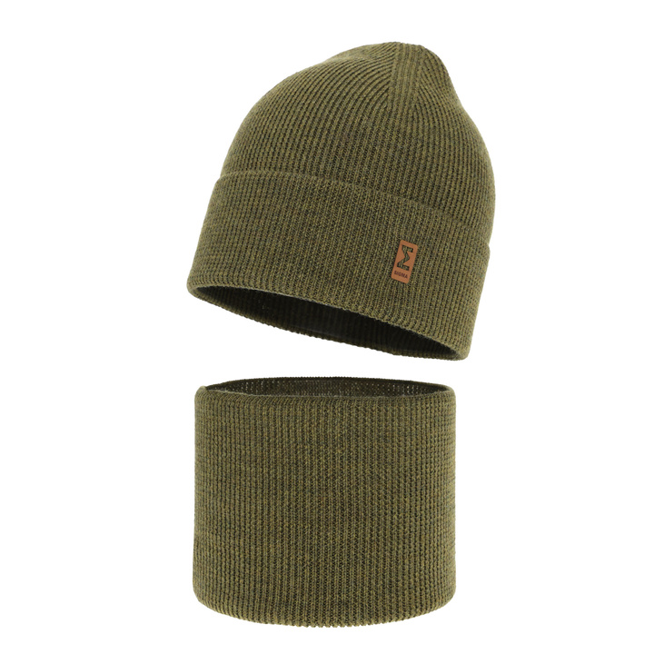 Czapka i komin dla chłopca, jesienny/ wiosenny komplet khaki 100% wełniany extrafine merino Bruce