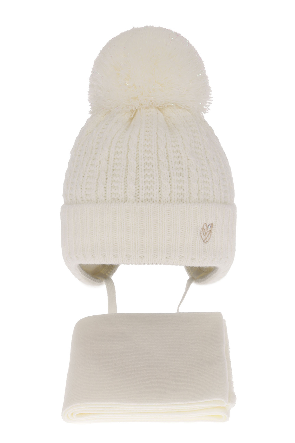 Czapka i szalik dla dziewczynki zimowy komplet, kremowy, wiązany, z pomponem Marisa