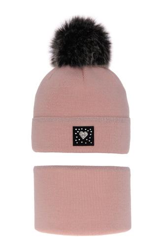 Czapka i komin dla dziewczynki zimowy komplet, różowy, z pomponem Sendi