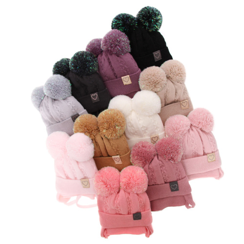 Czapka i szalik dla dziewczynki zimowy komplet, camelowy, z dwoma pomponami Rozi