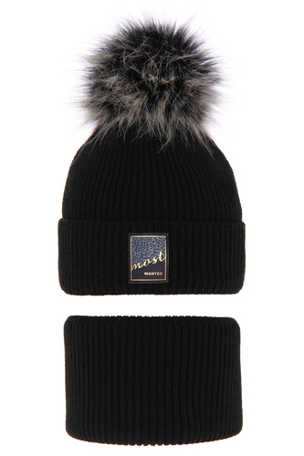 Czapka i komin dla dziewczynki zimowy komplet, czarny, z pomponem Sycylia