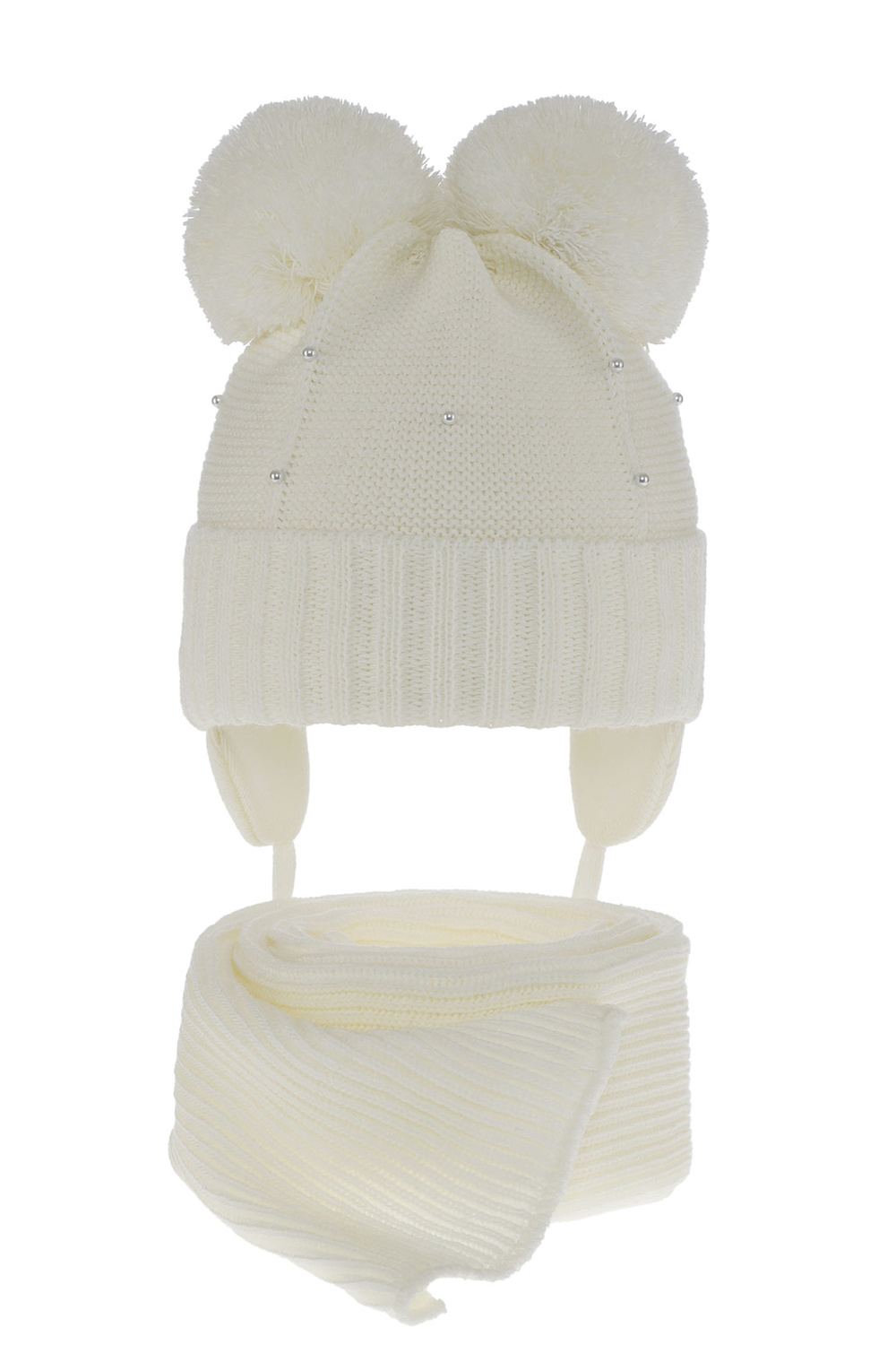 Czapka i szalik dla dziewczynki zimowy komplet, kremowy, z dwoma pomponami Fibien