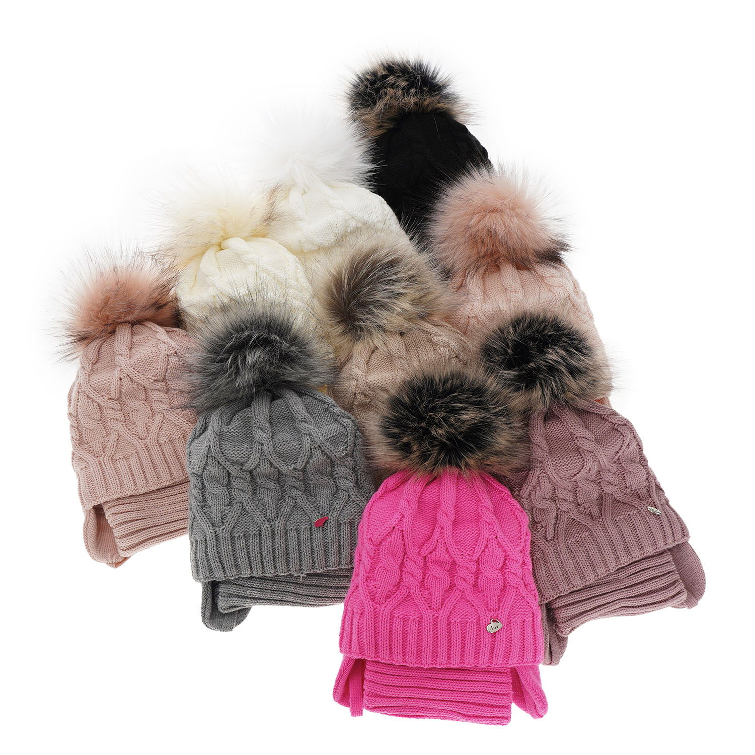 Czapka i komin dla dziewczynki zimowy komplet, kremowy, z pomponem Elena