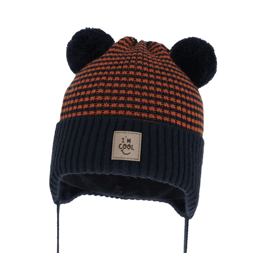 Czapka jesienna, wiosenna dla chłopca, granatowa, z dwoma pomponami, wiązana Laurent