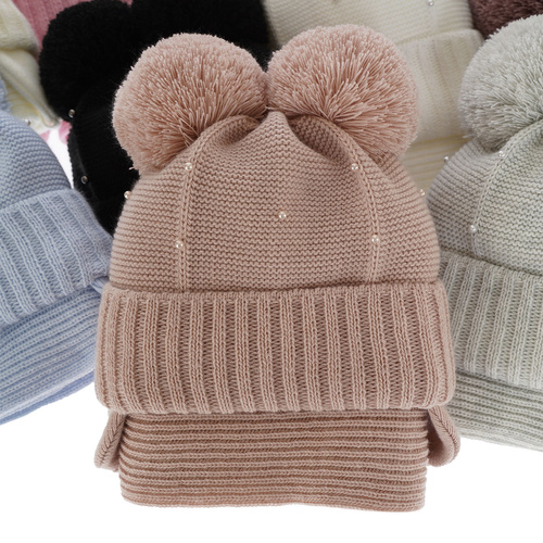 Czapka i szalik dla dziewczynki zimowy komplet, wrzosowy, z dwoma pomponami, wiązany Fibien