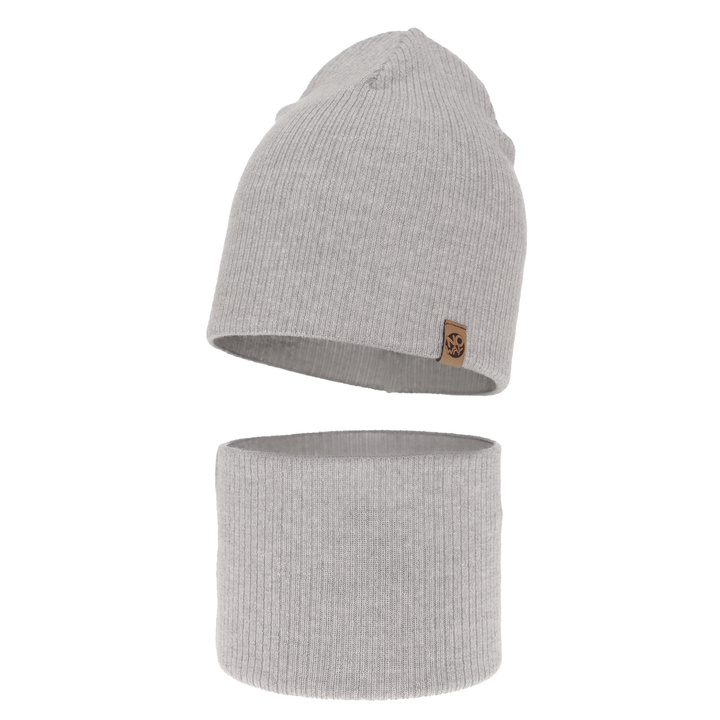 Czapka i komin dla chłopca jesienny, wiosenny komplet, jasnoszary, 100% wełniany merino Richi